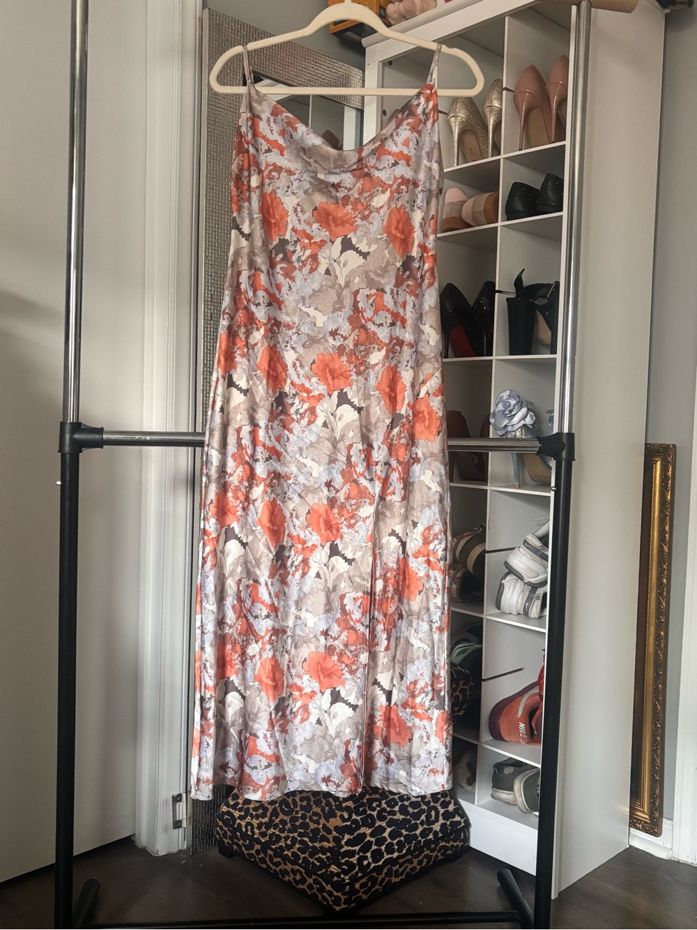Floral Satin Midi Slip Skirt in Orange Floral